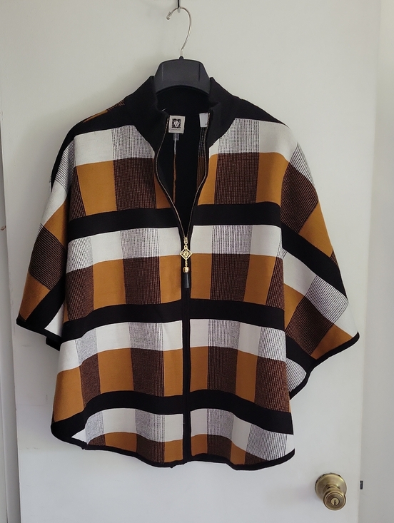 Anne Klein Sweaters - ANNE KLEIN Zip-Front Plaid Poncho Jacket in Mustard, Brown & White Sz 1X Retail